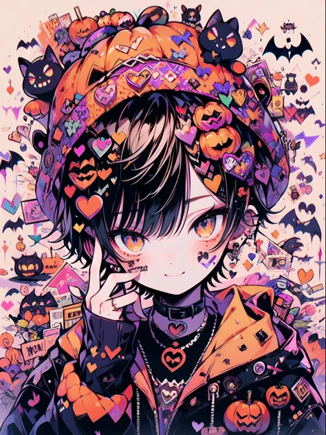 halloween theme boy, orenge style and tattoos on face, pumpkins, smiling, hand signal heart