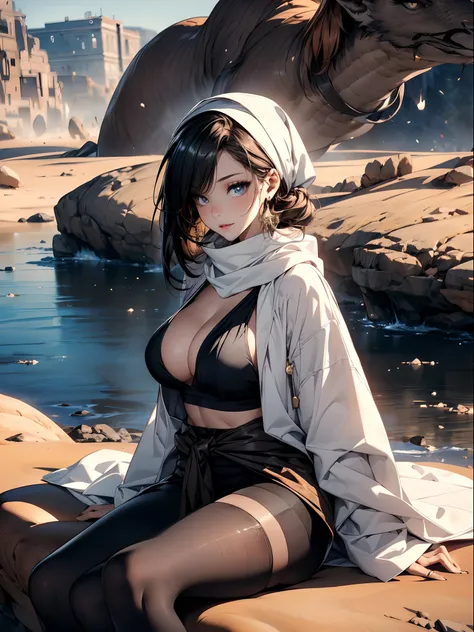 a matured woman with long black hair and a white outfit, (in a desert:1.5), (resting in oasis:1.2, opening legs, cross-legged, in front of lakeside:1.2), Arabic, (Post apocalyptic:0.0), from arknights, artwork in the style of guweiz, bodyesbian, fine detai...