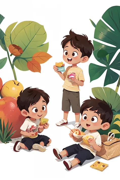 Graphic illustration of a little boy sharing snacks with his friends，Full body like