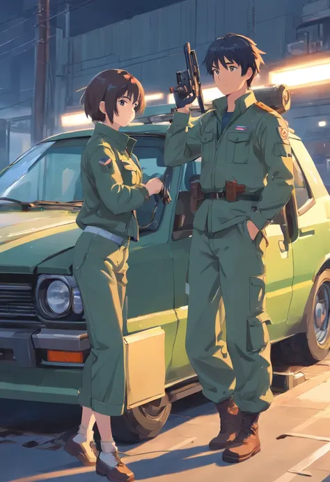 "A masterpiece illustration of soldiers with guns as a skilled mechanic repairing a car, With perfect body proportions and an impeccably detailed head, in high definition."