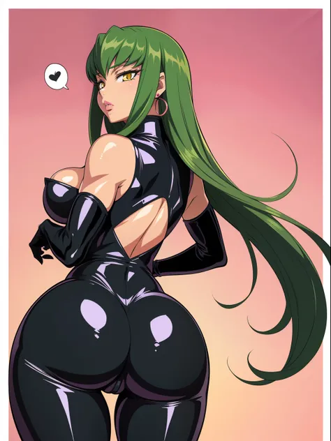 Code Geass, C.C, 1girl, (((bimbo))), long green hair, yellow eyes, ear rings, puffy lips, painted lips, thick lips, wide hips, thick thighs, small breast, huge ass, revealing cleavage, bubble butt, camel toe, Breasts, skin tight pink venom, venom, pink ven...