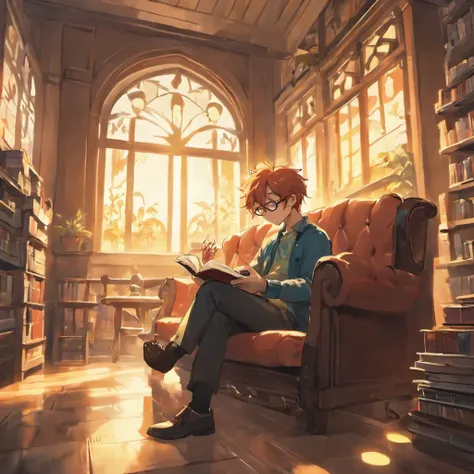 (a man reading a book),(illustration),(peaceful atmosphere),(soft lighting),(unique art style),(vibrant colors),(bright and sunny),(best quality, detail-rich),(cartoonish, Pixar-inspired),(library in the background),(reading glasses),(comfortable armchair)...