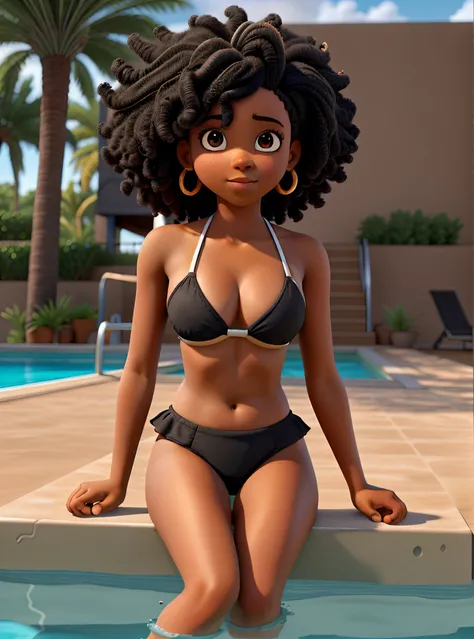 black girl in afro wearing bikini sitting on the edge of the pool