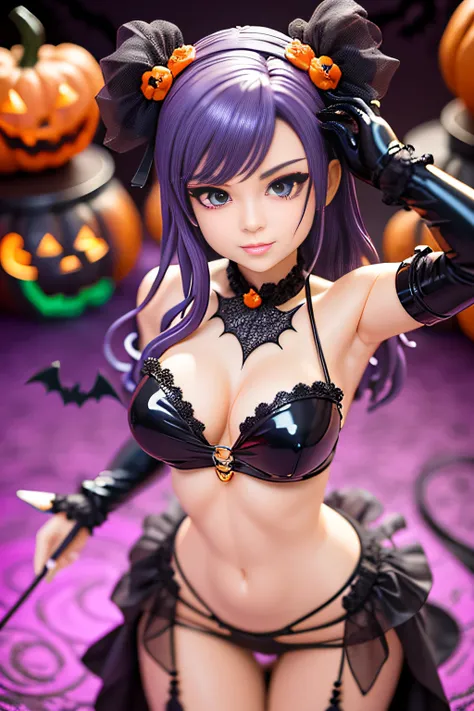 ((pvc figurine)),((halloween)) ((magic forest)), (sexy costume), ((masterpiece)), (top model), (Selena Gomez) , cute body, in a very sexy halloween costume , sexiest girl on earth, view from 5m away, happy, smile, perfect body, oiled body, Captured from ab...