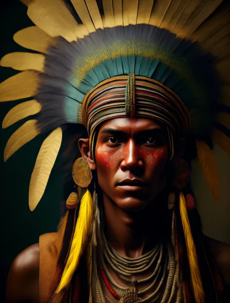 Hyperrealistic cinematic image of a native Indian with feathers on his head, Arte nativa brasileira, tipo selfie, frontal, Indian warrior, Nativo brasileiro, cocar verde e amarelo, Arte nativa, Um guerreiro nativo brasileiro, indigenous man, eagle feather,...