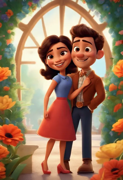 Create a Pixar-style poster titled The Tobias Shes a brunette, cabelos cacheados na altura dos ombros, sorridente, usando um vestido, And hes a media mulatto , wearing glasses and suit, smiling against a floral backdrop with vibrant Disney Pixar colors and...