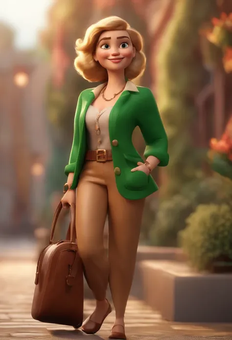 Personagem dos desenhos animados de uma mulher com uma camisa verde, em uma biblioteca ela tem blond hair curto animation character, Caractere estilizado, animation style rendering, 3D estilizado, Arnold Maya render, 3 d render stylized, toon render keysho...