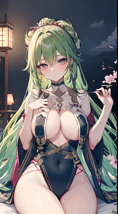 28
（Enrich the picture，Masterpiece level quality）Beautiful 8K CG artwork，Goddess-like posture，sittinng on the river，Postural exercises，Slim and soft，Translucent skin，green hair、The beauty of extra-long hair, Super Long Straight Hair，The skin is fair and ju...