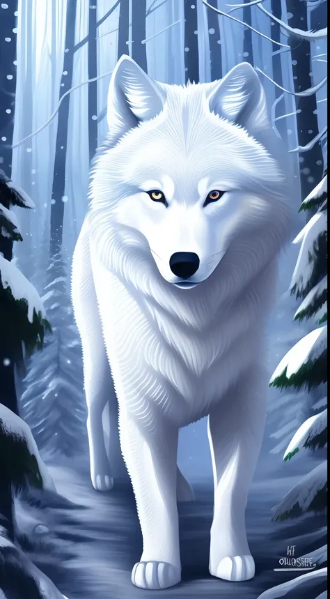 Painting of a white wolf in a snowy forest with trees, lobo branco, Lobo branco com olhos azuis, um lobo branco, retrato do lobo da fantasia, grande lobo, olhos brancos brilhantes, lobo peludo, Lobo em um campo de neve, lobo, companheiro lobo, 3 0, lindos ...