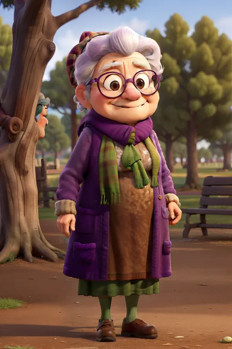 masterpiece, best quality, an old woman with glasses and a scarf on, wearing a purple coat and green scarf, standing at the park