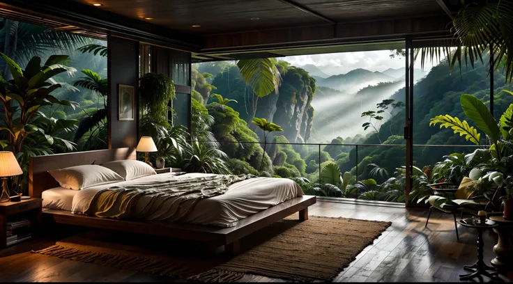 Sala de estar com vista para uma montanha e uma floresta, mountainous jungle setting, jungle setting, Como uma cena de Blade Runner, magical ambiance, pintura escura ultrarrealista, em um ambiente de selva, pleasant environment, floresta nublada, Selva bon...