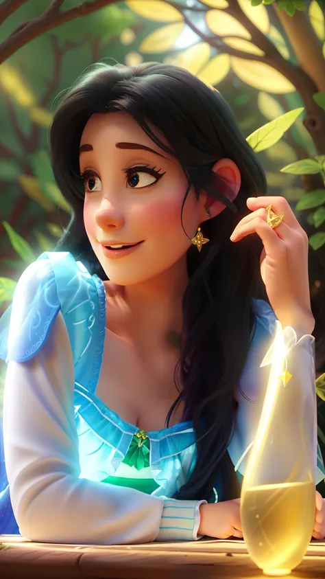 (best quality,Disney Pixar,Disney style,high-res),black long hair,women,girl,happy expression,enchanted garden scene,floral background,fantasy atmosphere,vibrant colors,royal dress,magical lighting,sparkling details,fantastical creatures,fairy tale,whimsic...