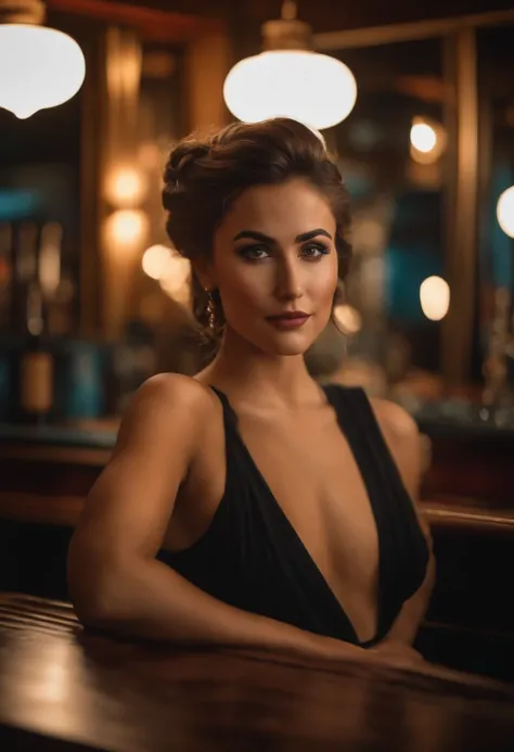 foto retrato de BrittBaker bela mulher cabelo updo upsweep boate sentado no bar (master part) (best quality) (circunstanciado) (8k) (HDR) (papel de parede) (Cinematic lighting) (foco nítido) (intrincado)