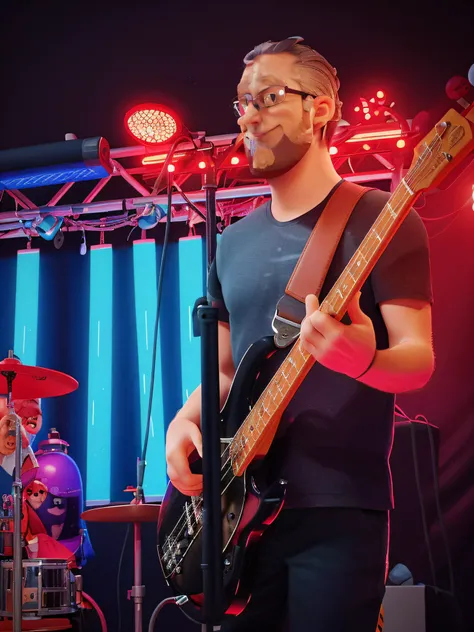 um homem de 33 anos. branco. pouco cabelo. testa grande. Round Eyewear. vestindo preto. tocando um baixo de 4 cordas da marca "SUB". super hiper detalhado, 8k uhd, 3D-rendering, estilo moderno Disney Pixar.