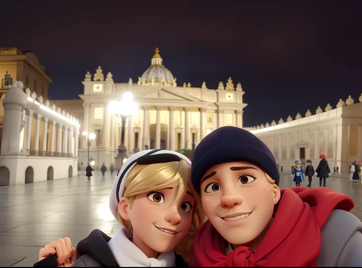 Um casal na frente do Vaticano com as luzes todos acesas, a noite com chuva, no inverno Europeu, Blonde girl with hair tied up, black overcoat and white hood, The boy is wearing a blue cap and a red scarf, alta qualidade, melhor qualidade.