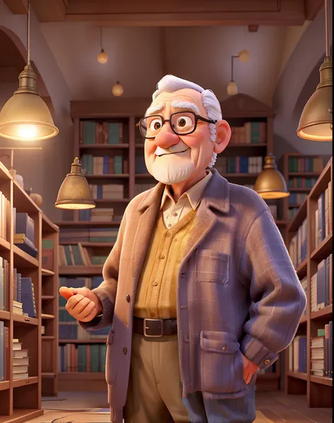 A wise old man standing in front, illuminated by the light of a lamp, against the backdrop of a library