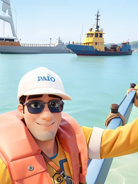 Um jovem usando capacete e colete salva vidas, em um barco com um porto e um rebocador amarelo e azul no fundo.