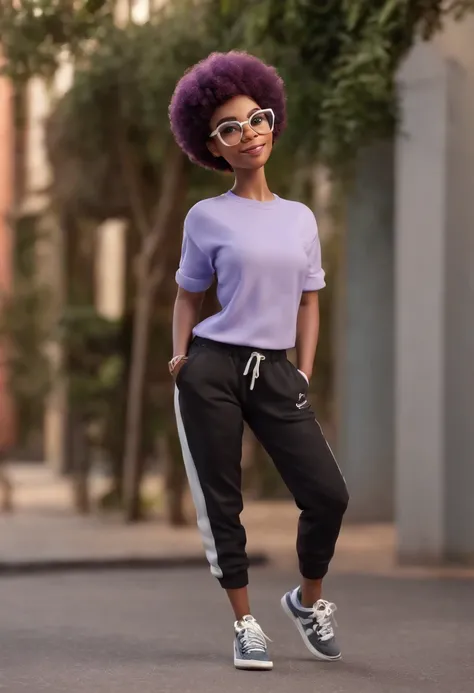 Cartoon character of a woman with lilac colored glasses and a black shirt, All Star Sweatpants & sneaker, cabelo curto Pixie CUT afro brasileiro de cor grisalho,gora,boca carnuda,olhos mel,Animated character, Caractere estilizado, animation style rendering...