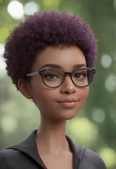 Cartoon character of a woman with lilac colored glasses and a black shirt, All Star Sweatpants & sneaker, cabelo curto Pixie CUT afro brasileiro de cor grisalho,gora,boca carnuda,olhos mel,Animated character, Caractere estilizado, animation style rendering...