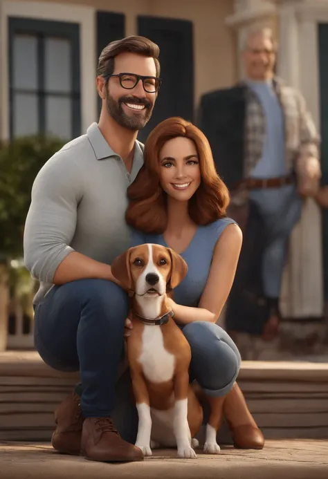 pixar. Couple with a brown beagle puppy. la chica tiene cabello rubio atado, remera gris y jean claro, gafas blancas. el chico cabello negro con canas, poca barba, gafas, jean azul oscuro y remera gris. They are both smiling and 40 years old