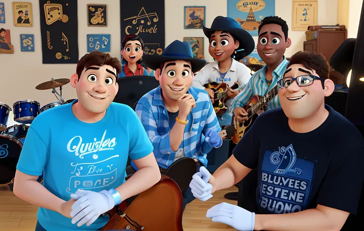 Grupo musical de Blues em estilo Disney Pixar. Background backdrop with blues motifs. Alta qualidade.