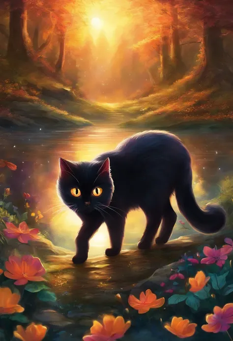 There is a black shorthair cat and a black with white furry cat sitting on the grass with a bright light, magical glowing eyes, belos olhos brilhantes, olhos brilhantes e brilhantes, magical glowing eyes, sonho animal bonito olhos, olhos brilhantes, arte d...