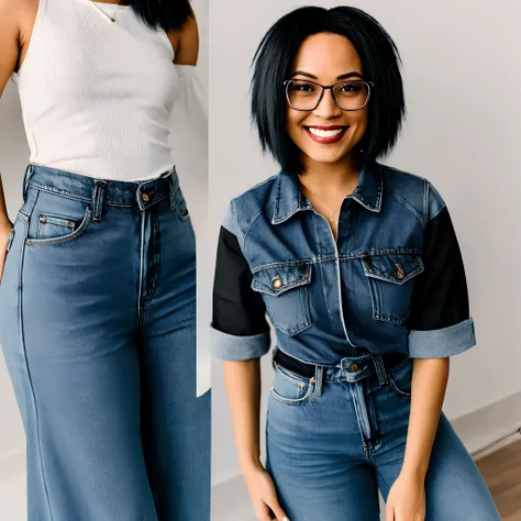 25-year-old woman, short, mulatto, long, straight, black hair, smiling, wears glasses, wears jeans and a denim blouse,