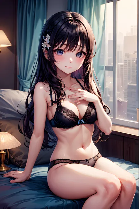 realisitic、top-quality、女の子 1 人、18year old、Fancy Color Hair、piercings、Shy face、Fancy underwear、beautiful boob 、selfee、Nyan Nyan Pose、hotels room、Particles of light、profetional lighting