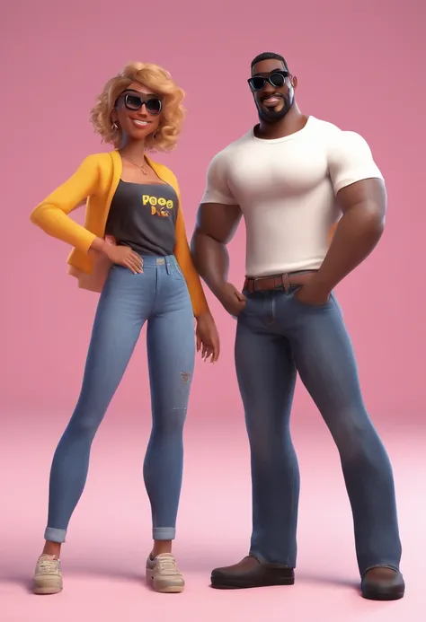 estilo Pixar 3D: Adult Man Teery Crews Black Skin in Top Tank Top Hugging Medium Hair Blonde Woman Wearing Sunglasses, Jeans e camisa preta em uma sala de aula