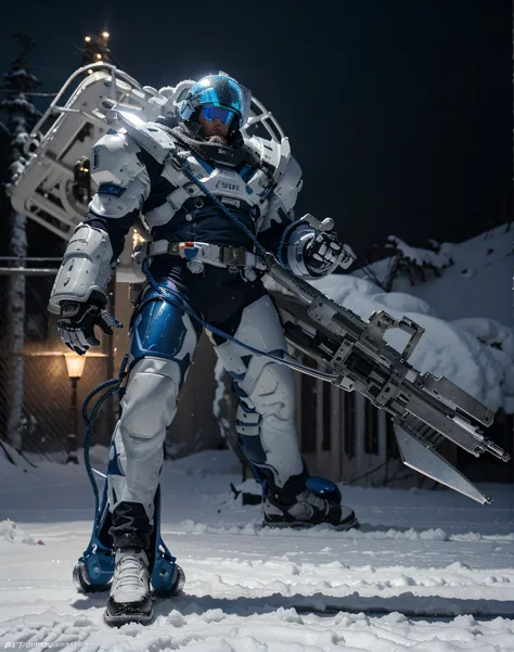 Soldier with a modern heavy blue metal suit with white details, futuristic helmet with blue visor, futuristic freezing weapon has turbines on the back, cables and tubes, he is in a snowy Norwegian forest, extreme cold effect, ultra realistic, Ultra detaile...