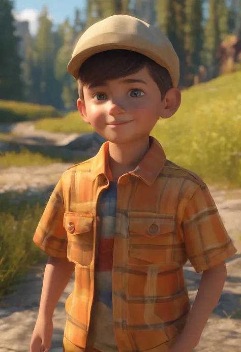 pixarstyle a waist-length portrait of a little boy, smirk, cap, nature, natural skin texture, 4k textures, hdr, intricate, highly detailed, sharp focus, cinematic look, hyperdetailed