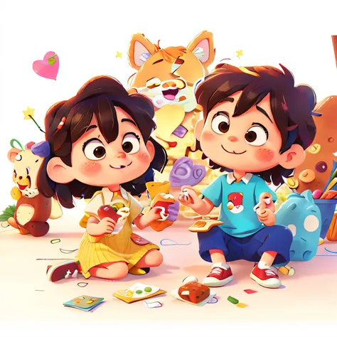 Two children eating snacks together on the floor，There are potato chips，hamburgers，Grilled sausages and other foods，The back cartoon animal is removed，Replace it with a campus view