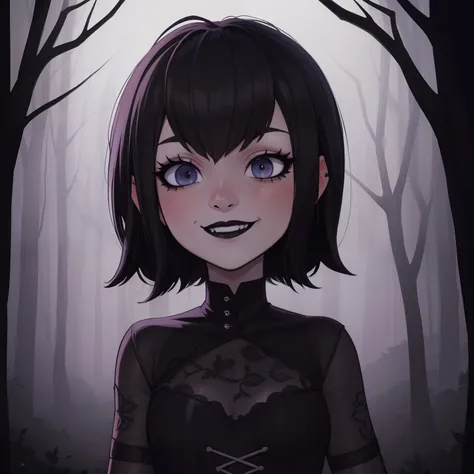 mavis, upperbody, black lipstick, gothic, dark autumn woods, masterpiece, detailed background, highly detailed, intricate, detai...