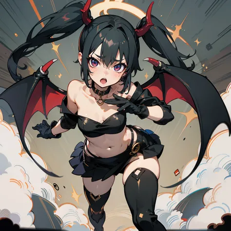 Extreme refinement, 1girl in、A glare、A bratty vampire, succubus, loli, thin black leather tube top, very short and tight leather mini skirt, devil tail, small devil wings, pigtails, tsundere, long black gloves, long black skin tight boots, thigh boots, sho...