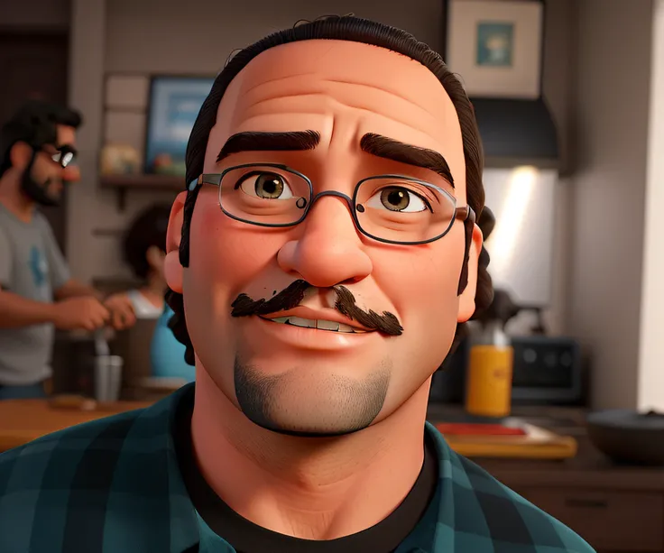 tcreate a 3D Disney Pixar style character of a 40 year old man. Imagine him with big, curly long hair, a mix of black and gray, and a pair of glasses perched on his nose. His look with a thin, gray beard and dark skin tone. Standing 1.73 meters tall and we...