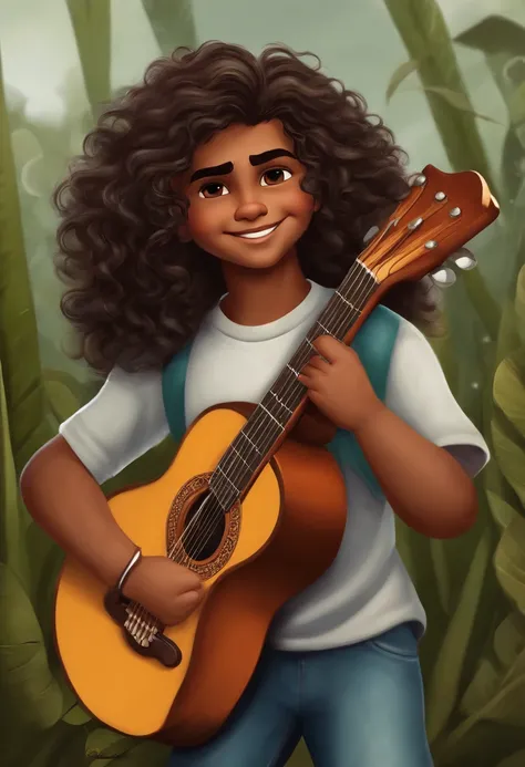 crie um banner no estilo Pixar. A boy with Indian features, moreno pardo com cabelos curtos, Castanhos escuros, Curly and slightly grayish appearance, mas jovem, usando uma camiseta, Wearing jeans and holding a classical guitar with 7 strings.