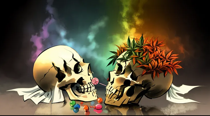 Cannabis and candy dream world flowing out of a specters skull