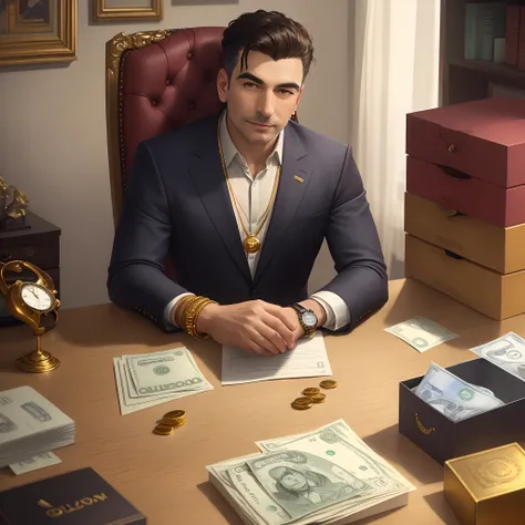 Portrait of a tycoon sitting in his office with gold cord and bracelet, Looking at his new gold watch in the box on top of his desk with some money bills organized and stacked along with gold bars and more jewelry