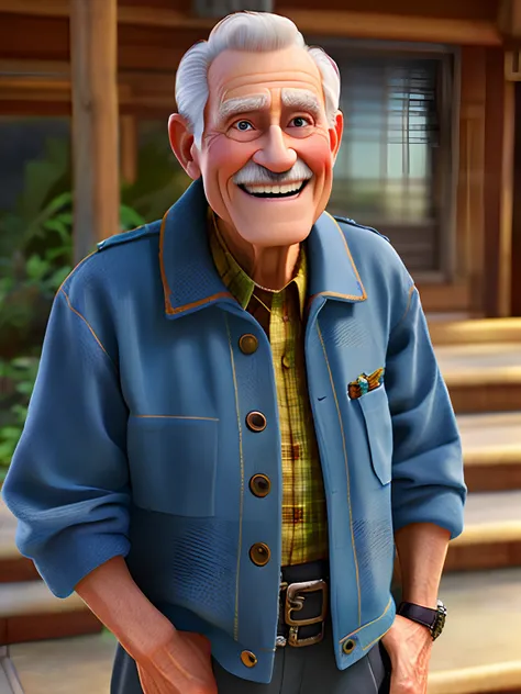 Pixarstyle A waist-high portrait of an elderly man with social clothes, smile, natural skin texture, 4K textures, HDR, intricate, highly detailed, sharp focus, cinematic look, hyper-detailed