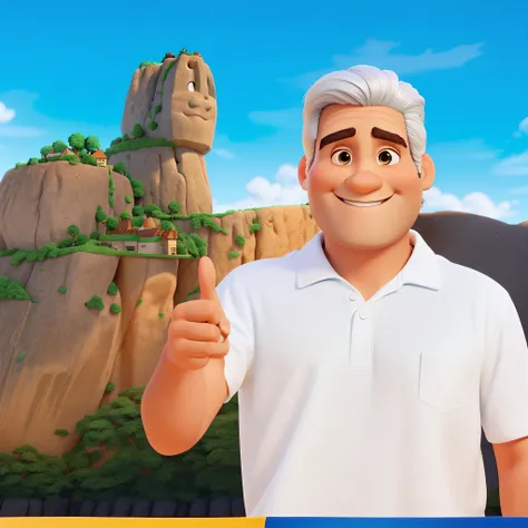 Um senhor com cabelo grisalho, Smiling and in white Pixar style shirt waving in front of a postcard stone with blue sky