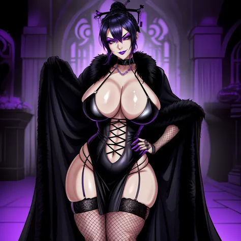 Lineart monochrome, lineart, monochrome, manga, no background, printable, thicc Gothic female wearing sexy fur lined robe with sexy purple dress under it, has blue hair, thicc, wearing fishnets, nsfw, lewd, black lipstick, dominatrix aesthetic, BDSM gear, ...