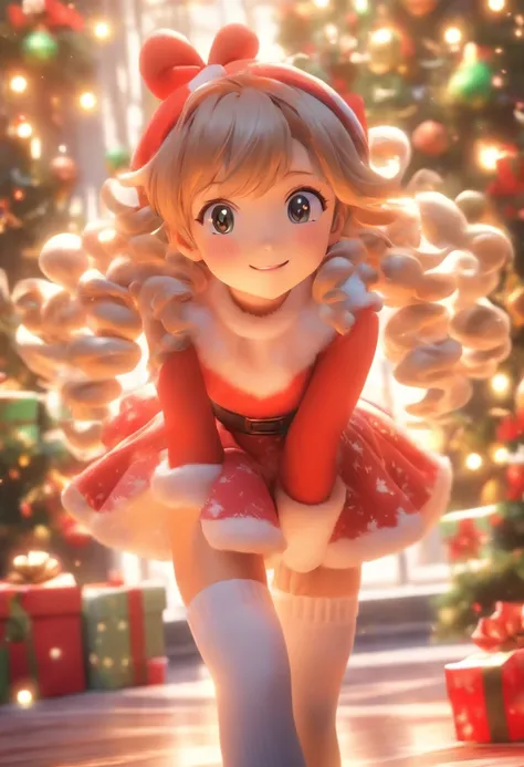 During the Christmas party,Cute little girl s，Plush socks with Christmas elements，short  skirt，Christmas theme，(tmasterpiece: 1.2) (realisticlying: 1.2) (Bokeh) (best qualityer) (Detailed skins: 1.3) (intricately details) (8K) (detailedeyes) (sharp-focus),...