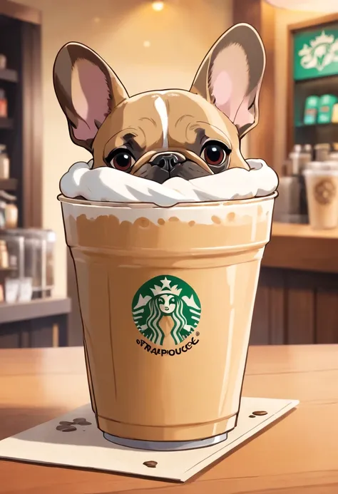 unique, Cartoon cup in the shape of a French bulldog, Fraappuccino colorido estilo Starbucks, French Bulldog Logo.