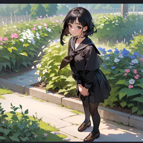 (Best Quality,High resolution,Ultra-detailed,Photorealistic:1.37),peaceful ambiance,(plein air,garden),Teenage girl standing alone,Beautiful detailed features,Cute smile,(Black bob hair),Navy sailor suit,Pleated skirt,Black tights,Brown leather shoes.