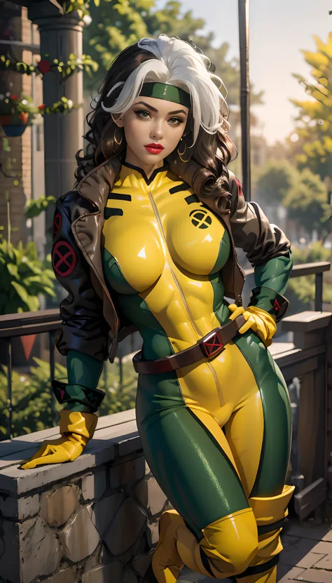 CARTOON_X_MENs_Rogue,ownwaifu, full body view, long hair, brown hair, green eyes, lipstick, makeup, lips, white stripe in hair, headband, wavy hair, messy hair, curly hair, medium to large breasts, curvy figure, ((Kelli Berglund:Bailee Madison:0.5)), yello...