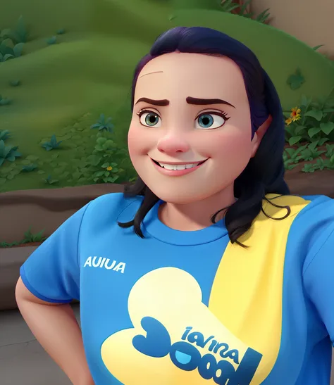 Animation-style womanDisney Pixar smiles, usa camisa azul escrito " TIA PRI" Disney Pixar contra um fundo de Natureza