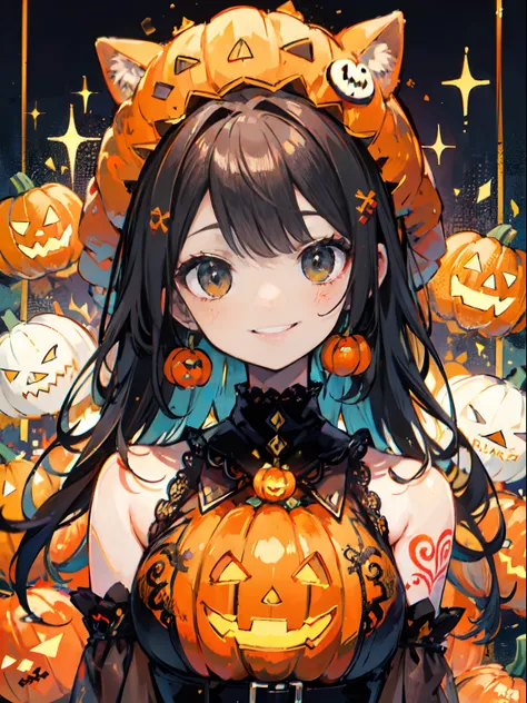 halloween theme girl with a pumpkin hat, orenge style and tattoos on face, pumpkins, smiling