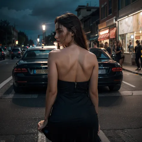 beautiful Caucasian redheaded woman of 20 years, (((full figure supermodel backwards pose ))) entire body in frame, in a black classy outfit, light blue eyes, shyness, seduction, romanticism,  loving gaze, sitting on yellow car,  street in the background, ...