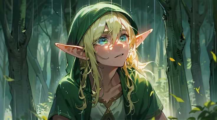 master part, best quality,A dense forest with a clearing. A young elf with blonde hair and green eyes, crying, the weather was rainy, lightning streaked across the sky., The lighting