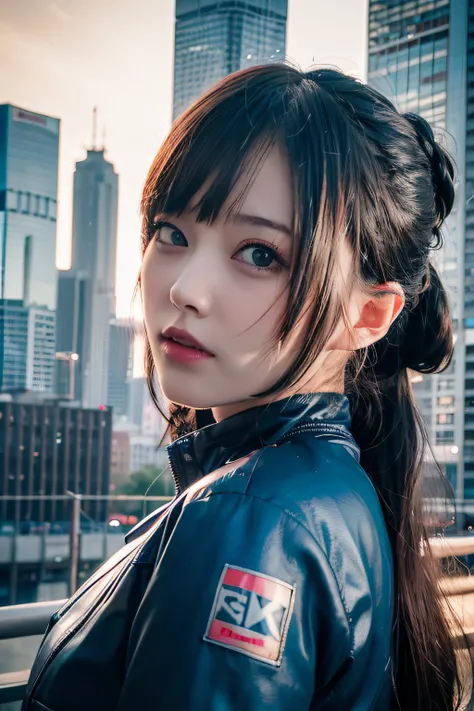 (8K, Raw photo, Best Quality, masutepiece:1.3),(Realistic,Photorealsitic:1.37),(Looking at Viewer:1.331),Cyberpunk City,Soft light,1girl in,Extremely beautiful face,Bust,put down hands,Random hairstyle,Random expression,Big eyes,